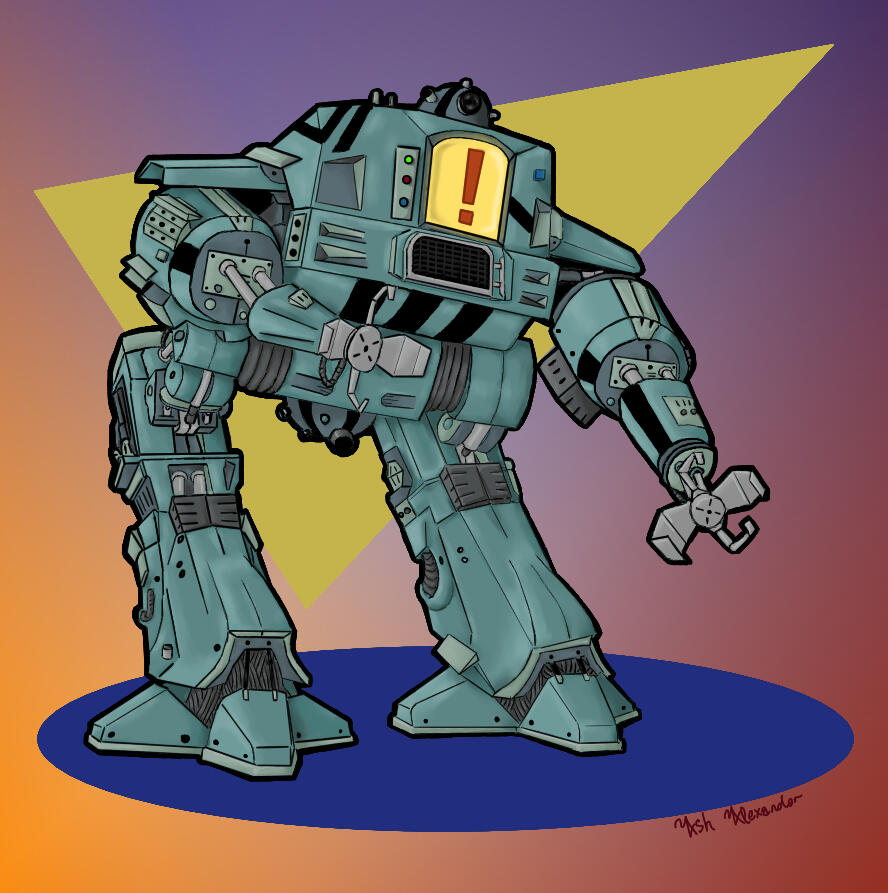 A bulky, blue-tinted metal robot with thick legs and feet, and mechanical grabber arms. Its face is a yellow screen display, and a red exclamation point is on the screen.