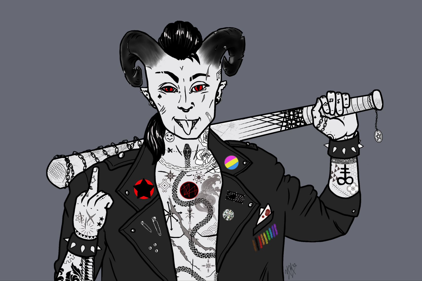 A monochrome portrait of a heavily tattooed man with chipped ram horns on his head, clad in a black leather jacket covered in pins. He is brandishing a barbed baseball bat over his shoulder and displaying the middle finger of his free hand. He has red iris