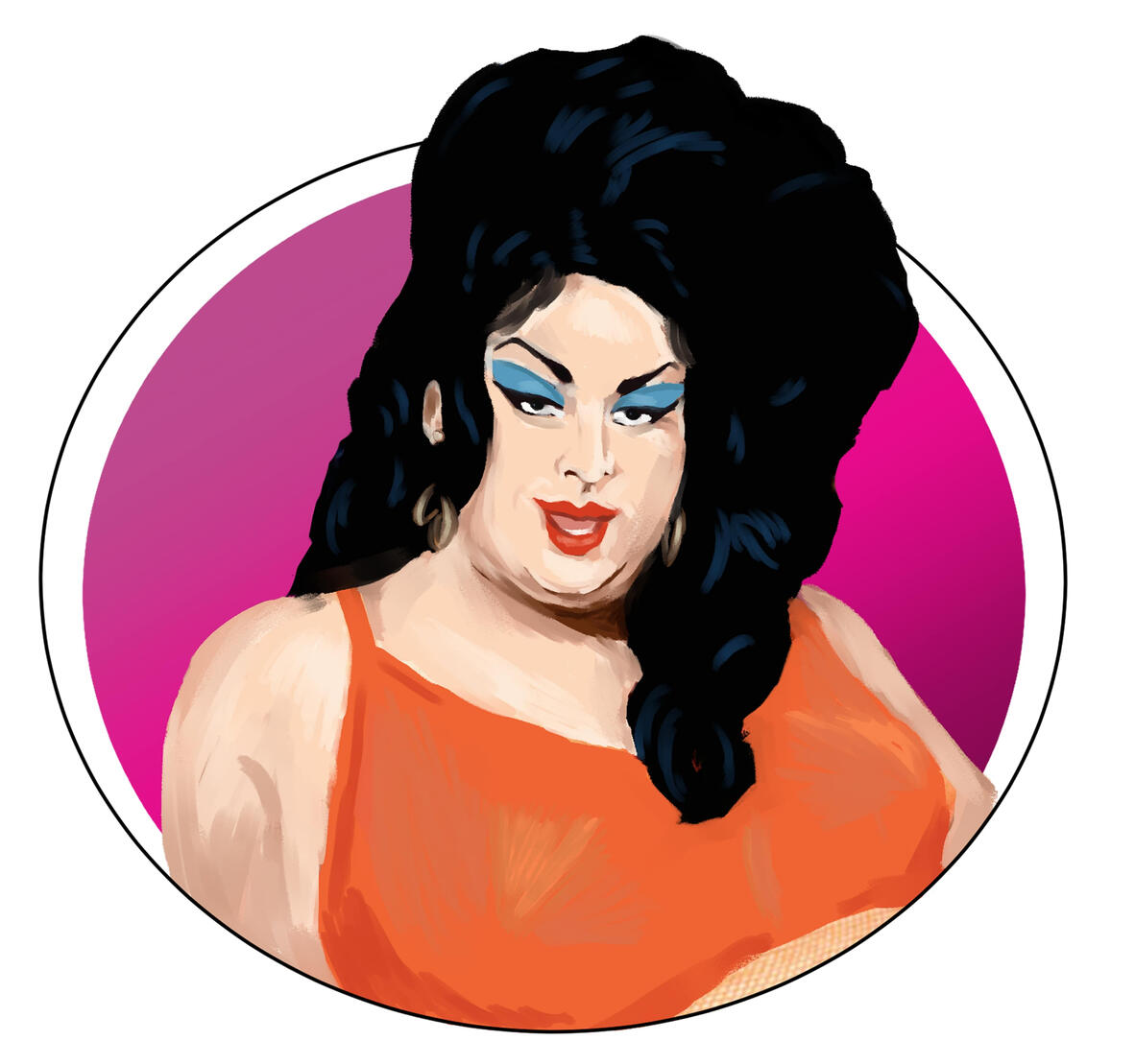 A painterly portrait of the late drag queen, Divine, set against a circular pink gradient background, in her role as Dawn Davenport in the John Waters film 'Female Trouble.' She has black hair piled high and messily on top of her head, she wear a bright or