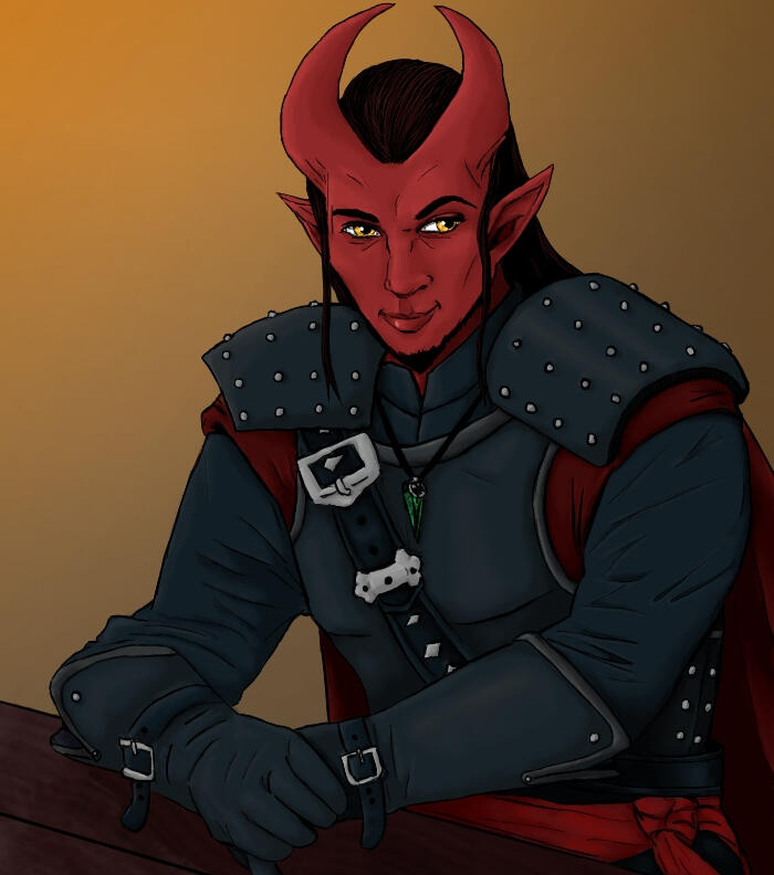 A red-skinned man with curved horns protruding from his forehead. He has long dark brown hair and yellow eyes. He is dressed in black leather armour, decorated with metal studs on the pauldrons. He wears a red cloak and a red sash around his waist. Around