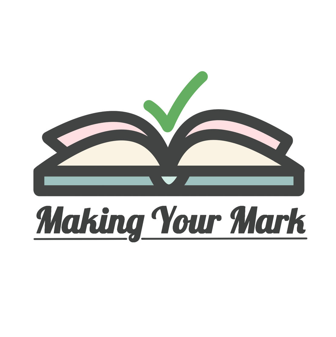 Graphic logo of an open book, viewed from the top edge. One page on either side is slightly raised, and in the indent between them, aligned with the spine, is a large green checkmark. Below the logo is the name of the company, "Making Your Mark." The logo