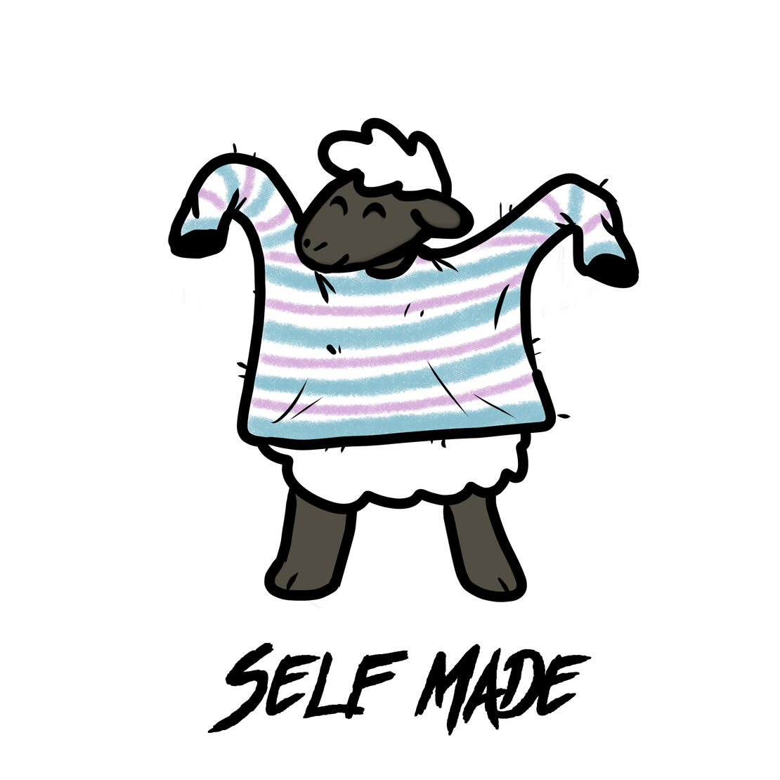 Graphic logo of a cartoon anthropomorphic sheep wearing a baggy hand-knit sweater in the trans pride colours. The sheep has his arms raised in joy, and the text below reads "Self Made" in a jagged, punky script.